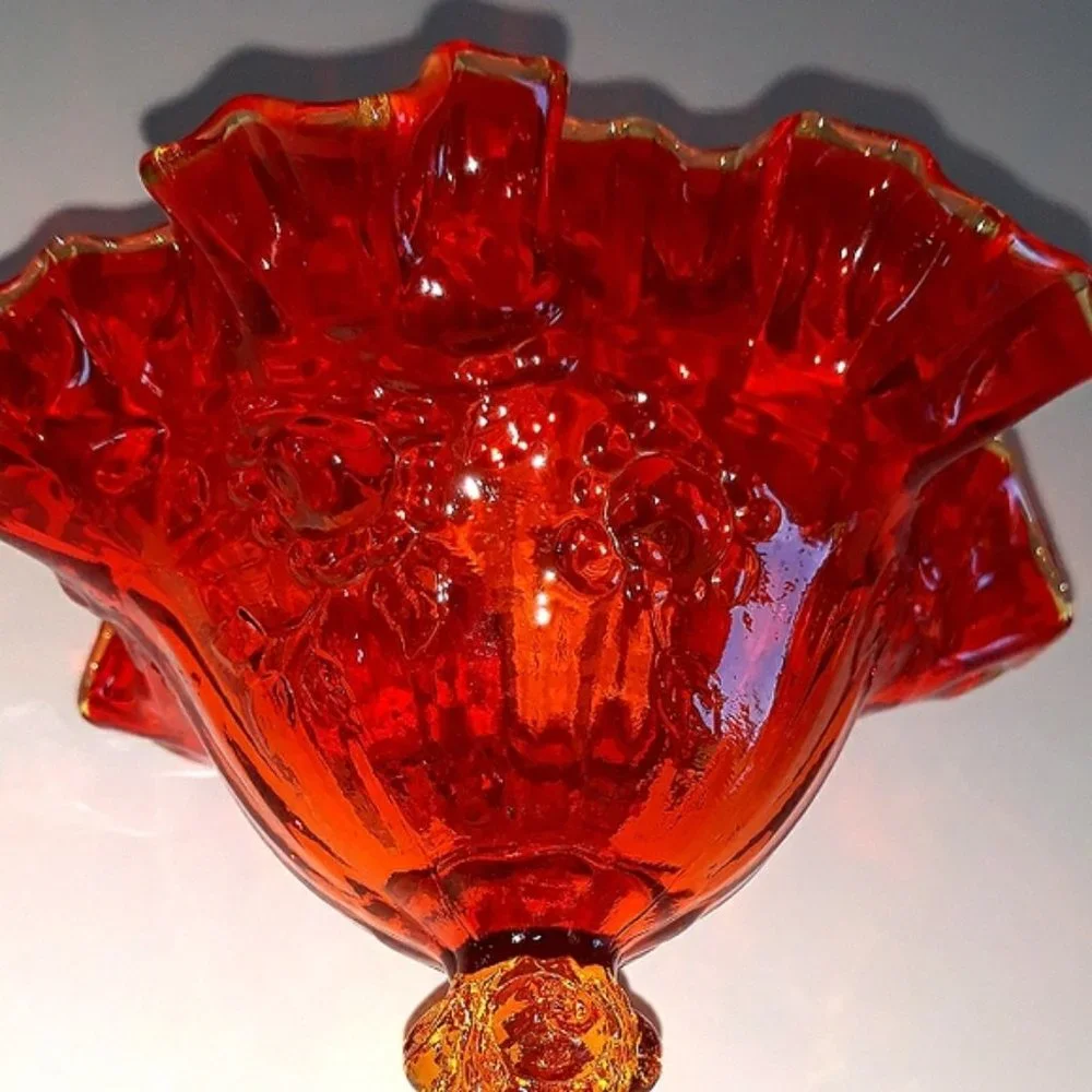 Vintage Amberina Glass Ruffled Compote Candy Dish Pedestal Bowl